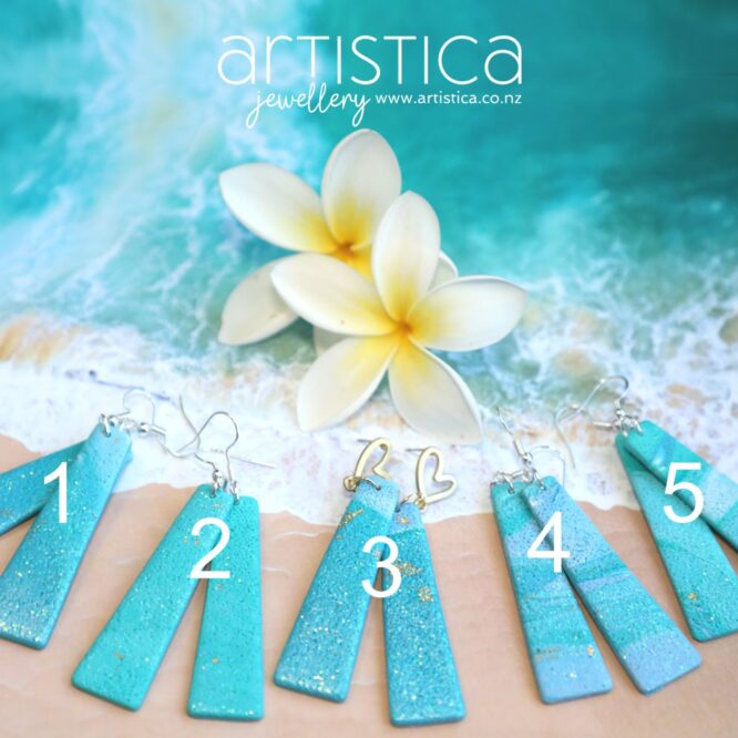 polymer clay earrings handcrafted in New Zealand by Artistica turquoise ocean beach