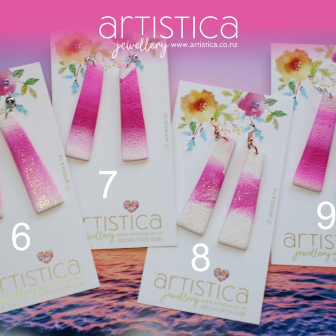 polymer clay earrings handcrafted in New Zealand by Artistica pink long