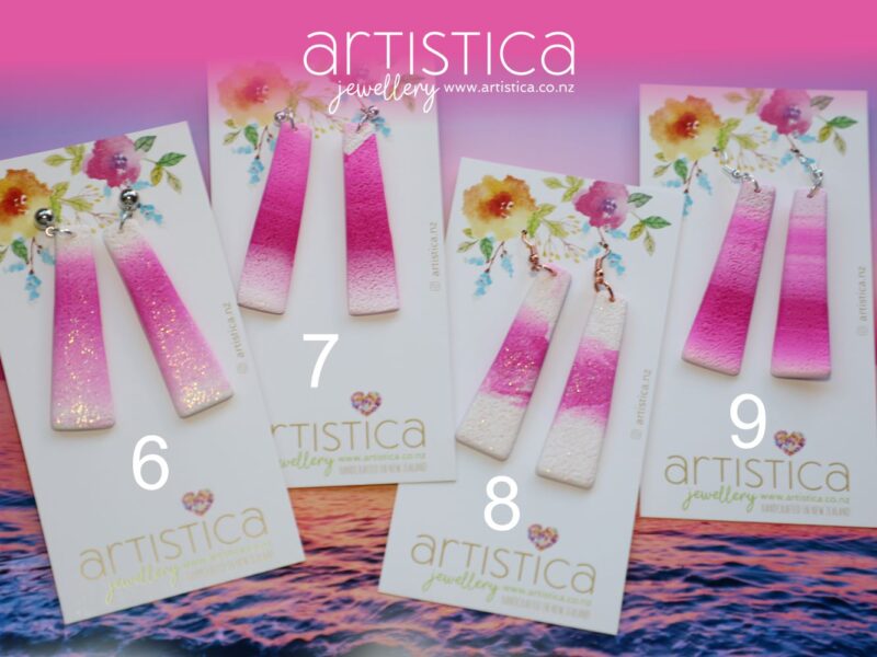 polymer clay earrings handcrafted in New Zealand by Artistica pink long