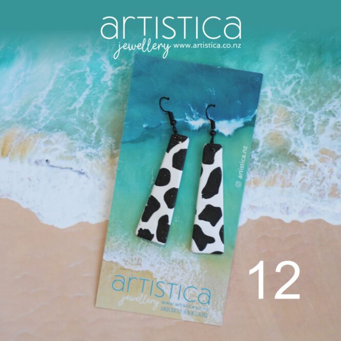 polymer clay earrings handcrafted in New Zealand by Artistica cow pattern