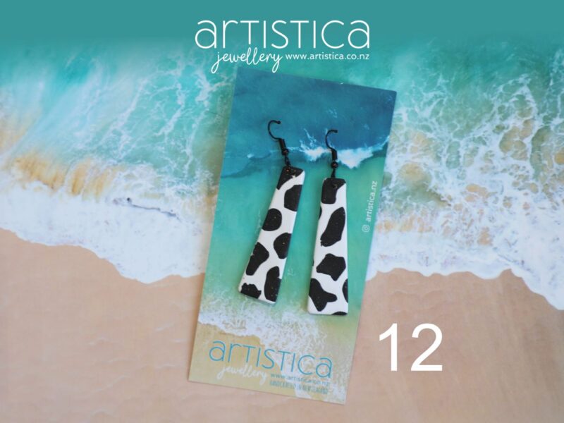 polymer clay earrings handcrafted in New Zealand by Artistica cow pattern