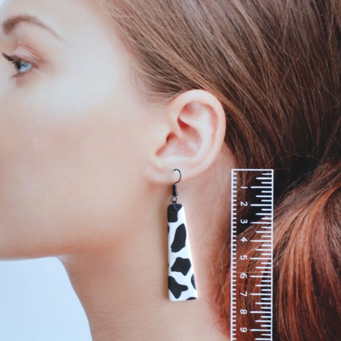 polymer clay earrings handcrafted in New Zealand by Artistica cow long dangles