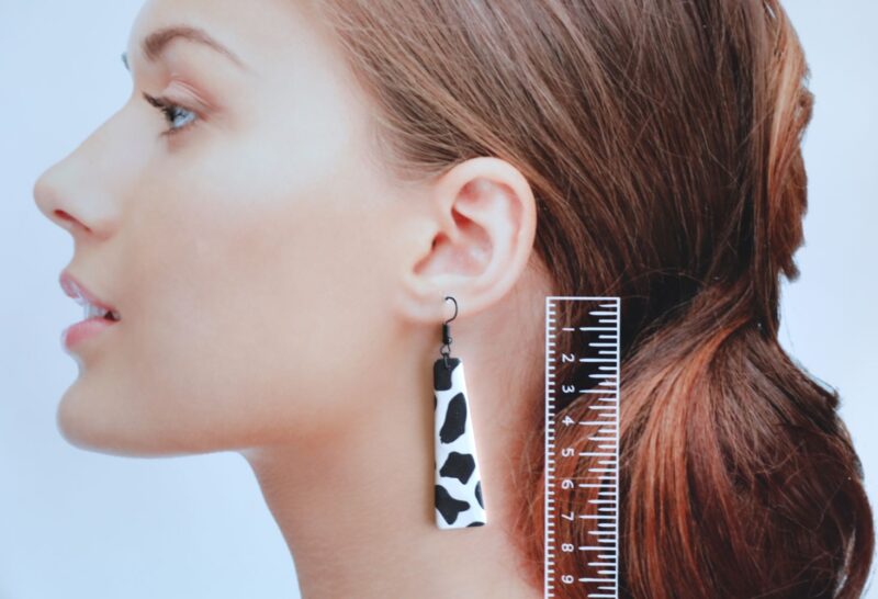 polymer clay earrings handcrafted in New Zealand by Artistica cow long dangles