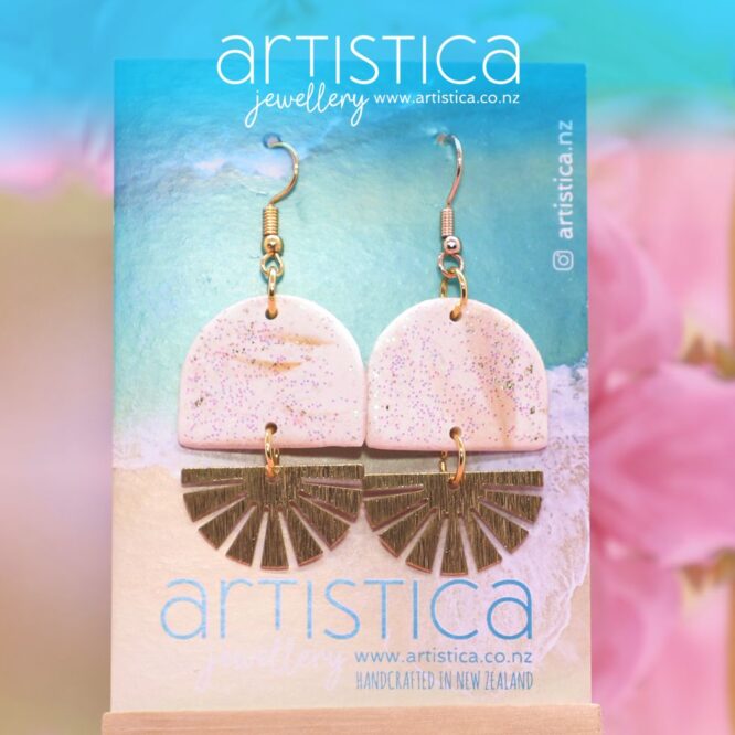 polymer clay earrings handcrafted in New Zealand by Artistica white gold sun