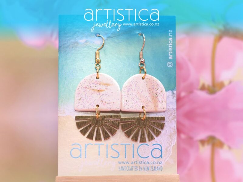 polymer clay earrings handcrafted in New Zealand by Artistica white gold sun