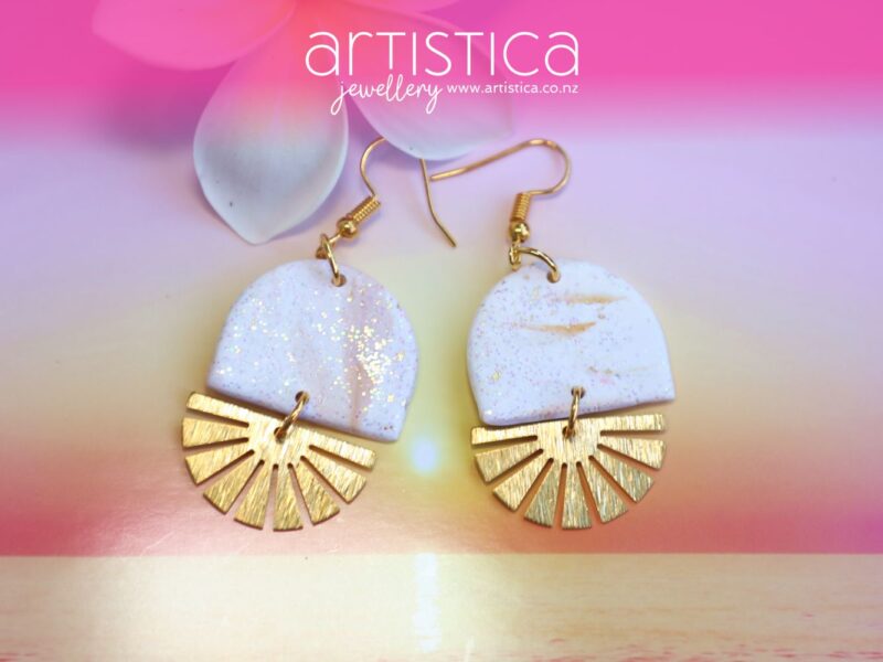 polymer clay earrings handcrafted in New Zealand by Artistica white sun