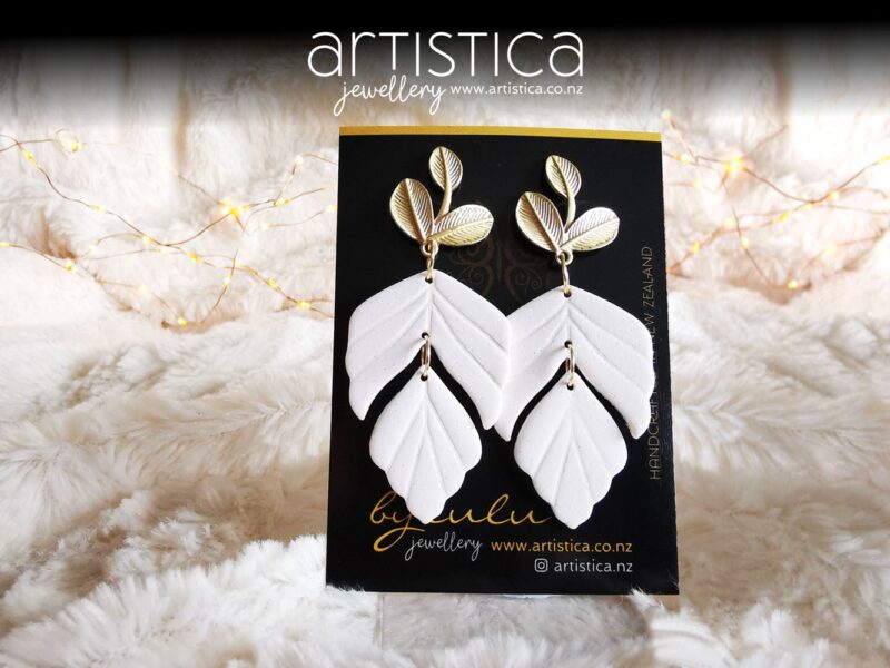 white earrings handcrafted with gold plated posts wedding