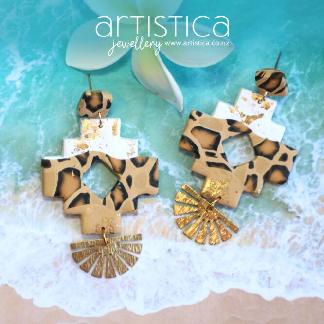 polymer clay earrings handcrafted in New Zealand by Artistica tribal aztec leopard