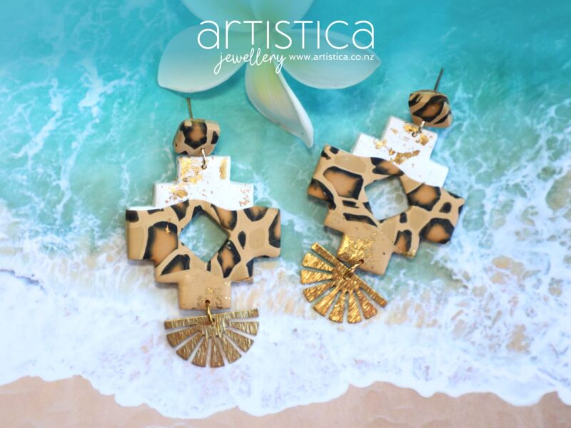 polymer clay earrings handcrafted in New Zealand by Artistica tribal aztec leopard