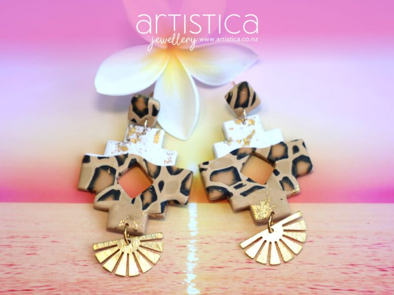 polymer clay earrings handcrafted in New Zealand by Artistica aztec tribal leopard