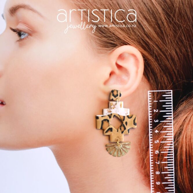 polymer clay earrings handcrafted in New Zealand by Artistica leopard aztec tribal