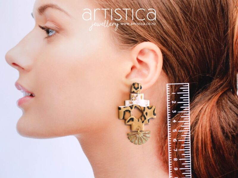 polymer clay earrings handcrafted in New Zealand by Artistica leopard aztec tribal