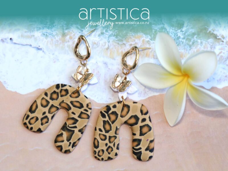 polymer clay earrings handcrafted in New Zealand by Artistica leopard arch