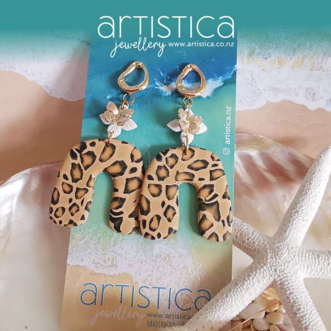 polymer clay earrings handcrafted in New Zealand by Artistica leopard dangles