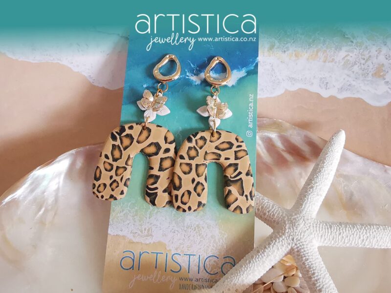 polymer clay earrings handcrafted in New Zealand by Artistica leopard dangles