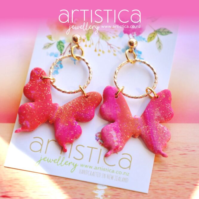 polymer clay earrings handcrafted in New Zealand by Artistica pink butterfly