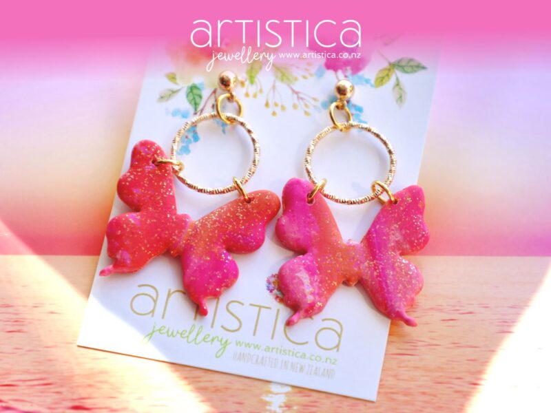 polymer clay earrings handcrafted in New Zealand by Artistica pink butterfly