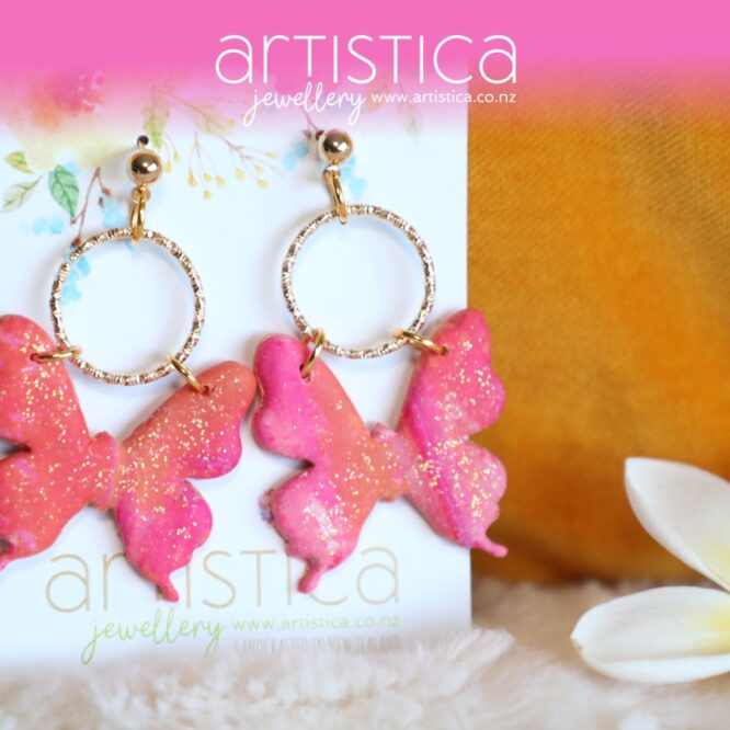 polymer clay earrings handcrafted in New Zealand by Artistica pink butterfly