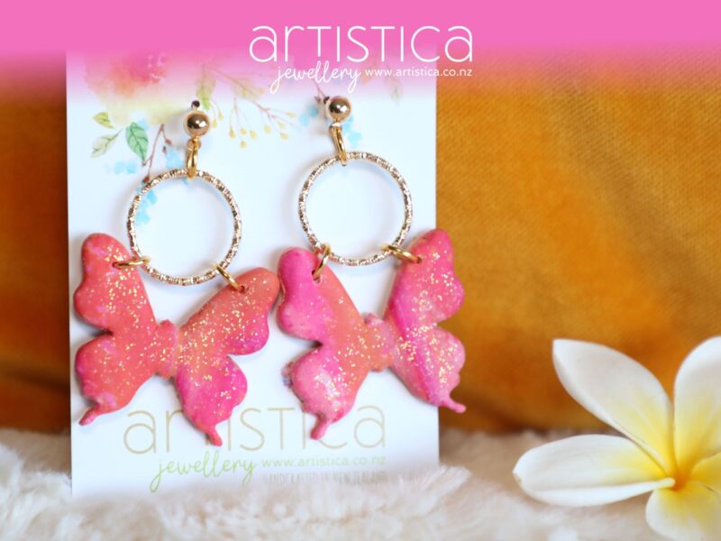 polymer clay earrings handcrafted in New Zealand by Artistica pink butterfly