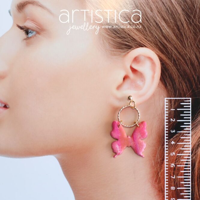 polymer clay earrings handcrafted in New Zealand by Artistica pink butterfly gold