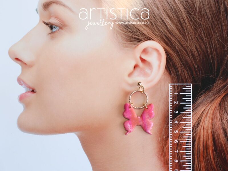 polymer clay earrings handcrafted in New Zealand by Artistica pink butterfly gold