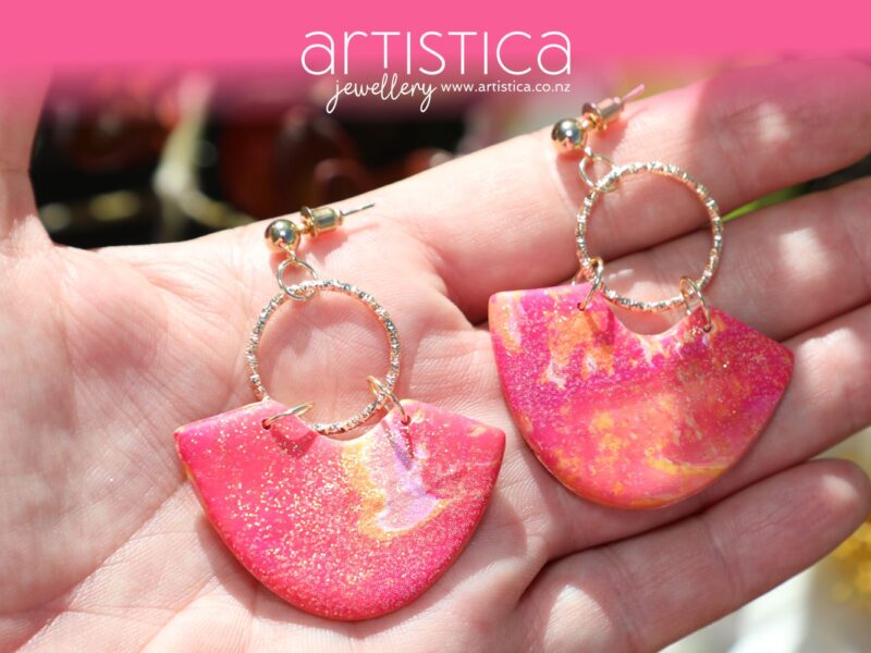 polymer clay earrings handcrafted in New Zealand by Artistica pink