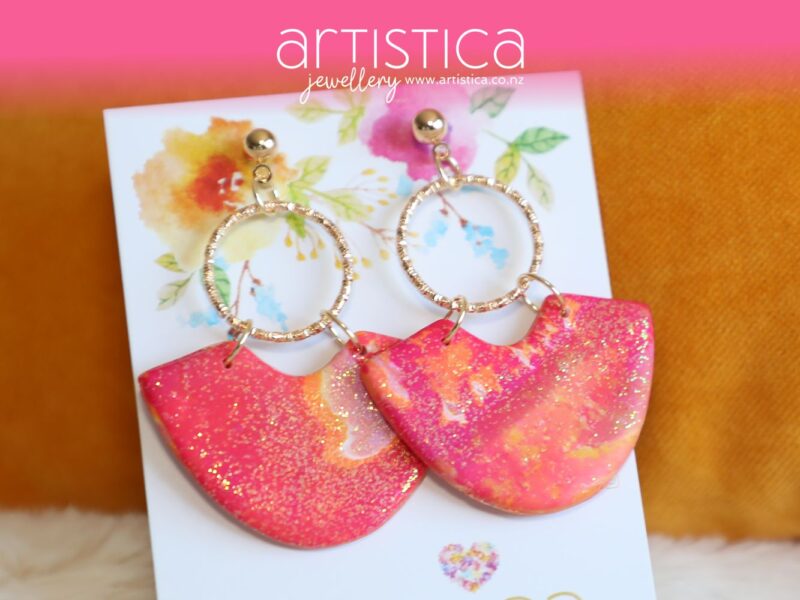 polymer clay earrings handcrafted in New Zealand by Artistica bright red orange pink