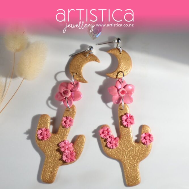 polymer clay earrings handcrafted in New Zealand by Artistica cacti and moon