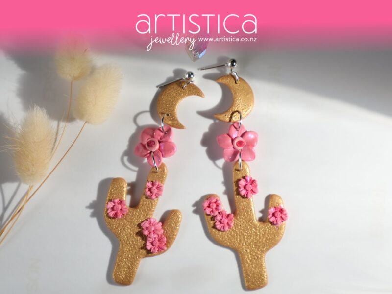 polymer clay earrings handcrafted in New Zealand by Artistica cacti and moon