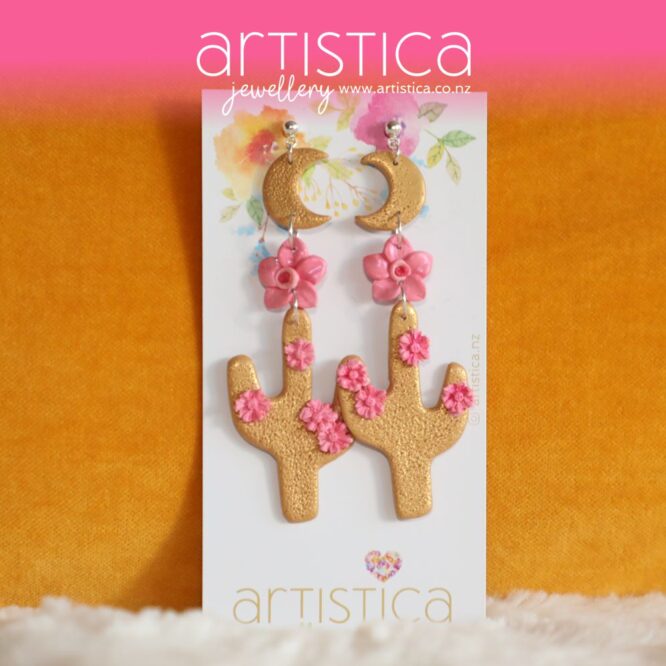 polymer clay earrings handcrafted in New Zealand by Artistica cacti shape