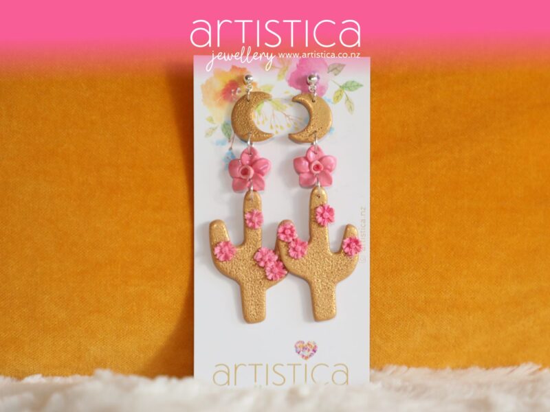 polymer clay earrings handcrafted in New Zealand by Artistica cacti shape