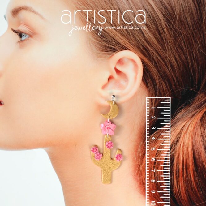 polymer clay earrings handcrafted in New Zealand by Artistica cacti moon