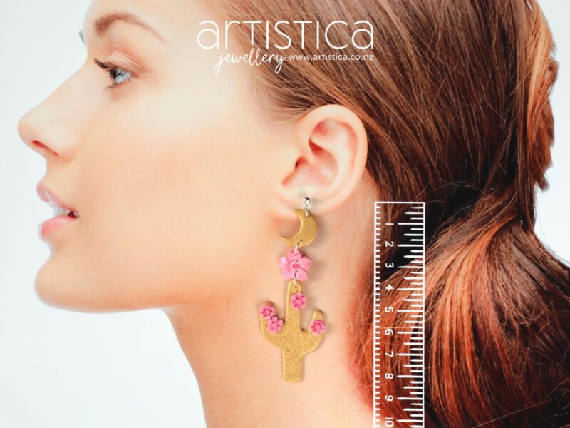 polymer clay earrings handcrafted in New Zealand by Artistica cacti moon
