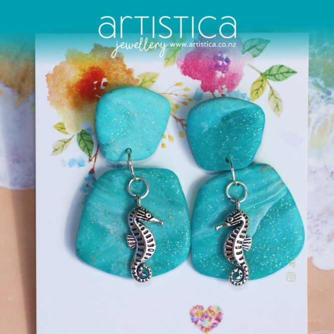 turquoise polymer clay earring with seahorse handcrafted in New Zealand by Artistica