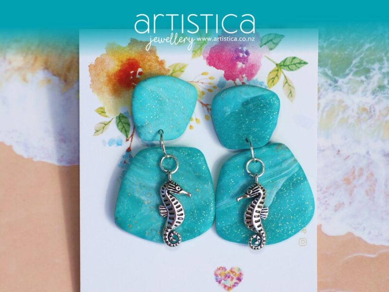 turquoise polymer clay earring with seahorse handcrafted in New Zealand by Artistica