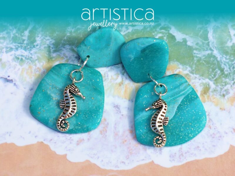 turquoise polymer clay earring with seahorse handcrafted in New Zealand by Artistica