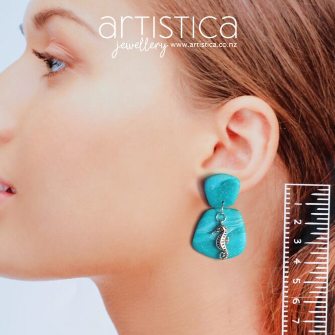 turquoise polymer clay earring with seahorse handcrafted in New Zealand by Artistica