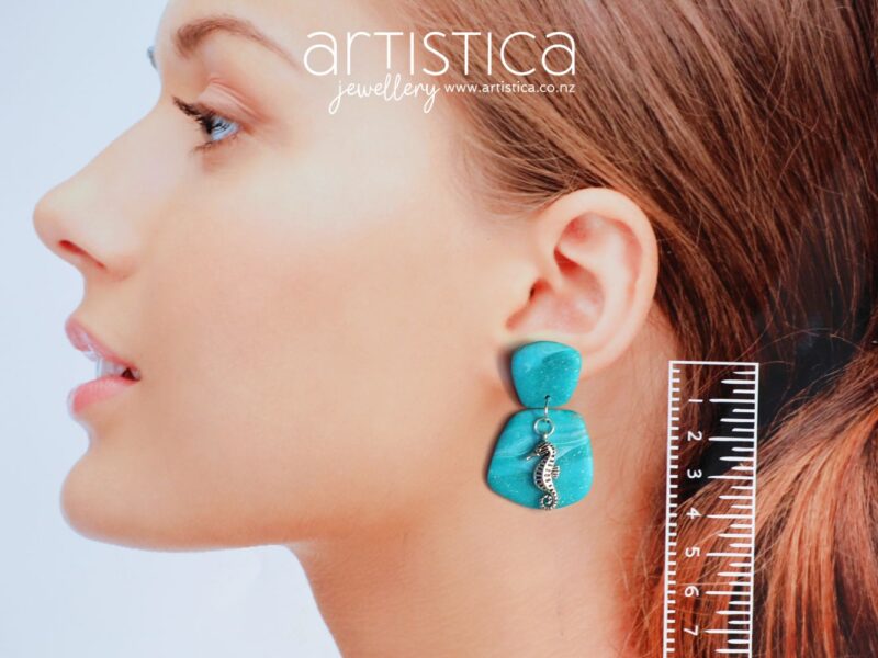 turquoise polymer clay earring with seahorse handcrafted in New Zealand by Artistica