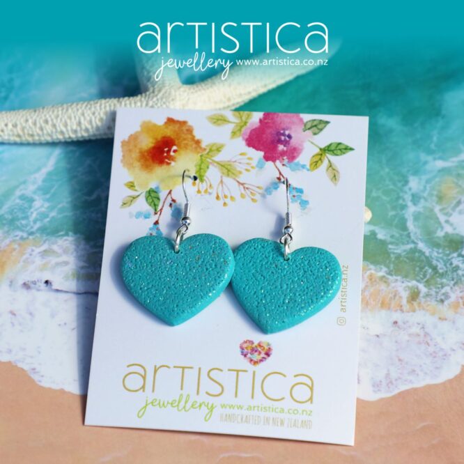 turquoise polymer clay earring heart shaped handcrafted in New Zealand by Artistica