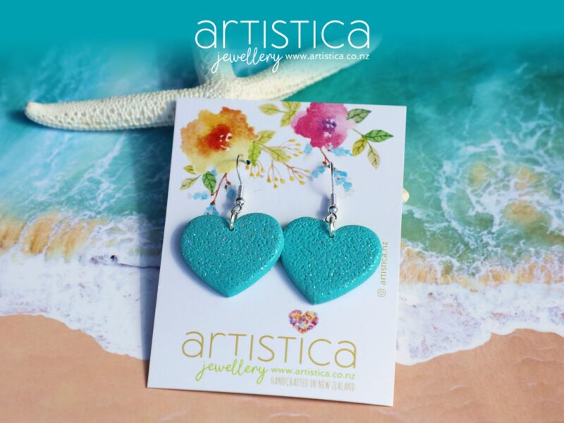 turquoise polymer clay earring heart shaped handcrafted in New Zealand by Artistica