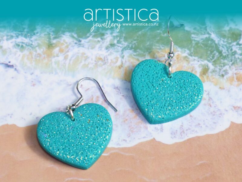 turquoise polymer clay earring heart shaped handcrafted in New Zealand by Artistica