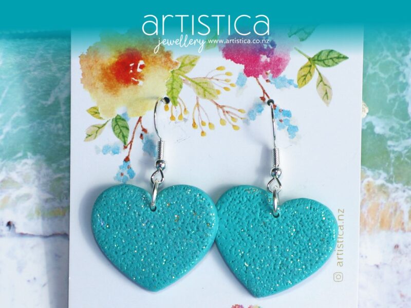 turquoise polymer clay earring heart shaped handcrafted in New Zealand by Artistica