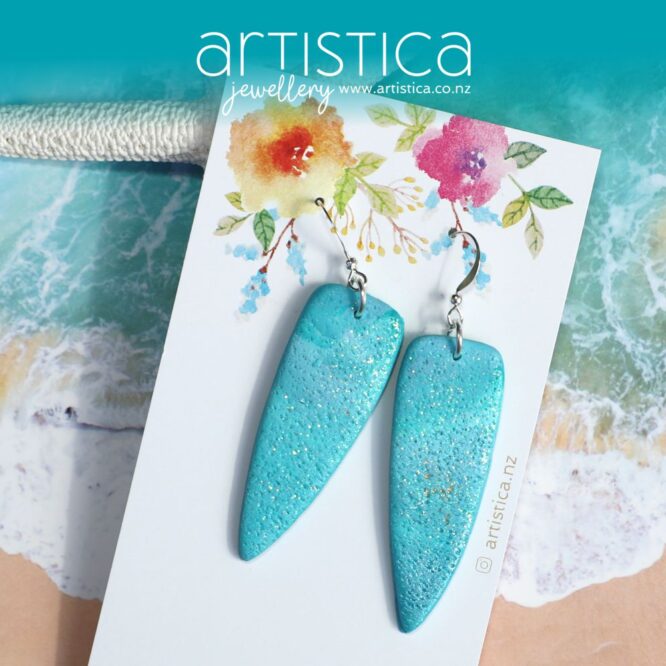 turquoise polymer clay earring dagger shape handcrafted in New Zealand by Artistica