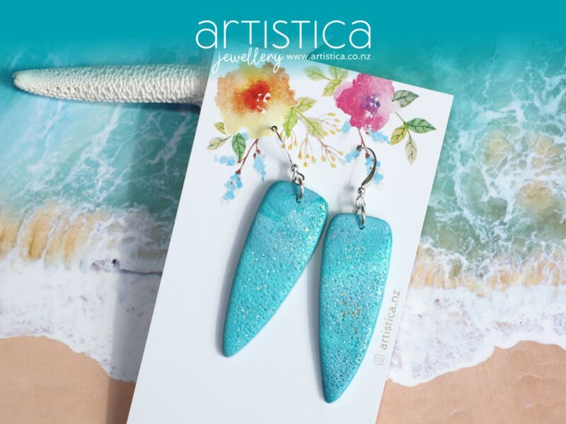 turquoise polymer clay earring dagger shape handcrafted in New Zealand by Artistica
