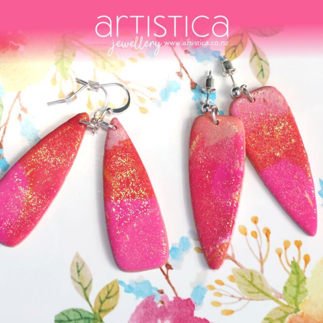 pink polymer clay earring dagger shape handcrafted in New Zealand by Artistica