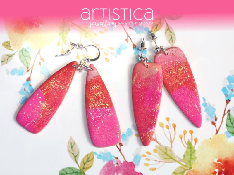 pink polymer clay earring dagger shape handcrafted in New Zealand by Artistica