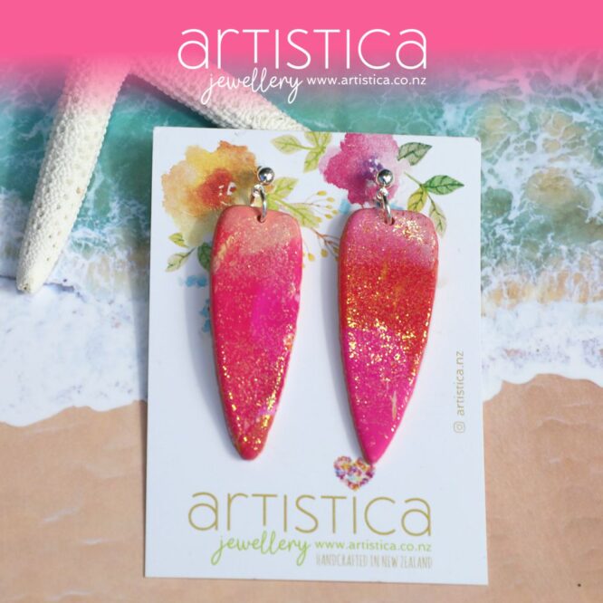 pink polymer clay earring dagger shape handcrafted in New Zealand by Artistica