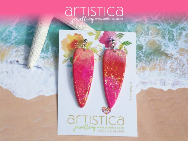 pink polymer clay earring dagger shape handcrafted in New Zealand by Artistica
