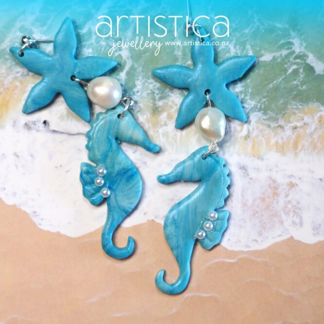 seahorse earrings polymer clay handcrafted by Artistica NZ