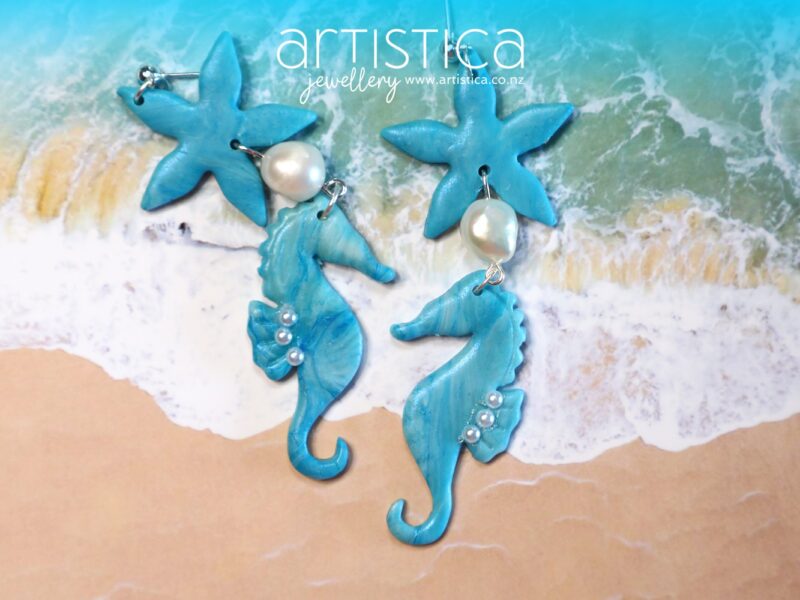 seahorse earrings polymer clay handcrafted by Artistica NZ